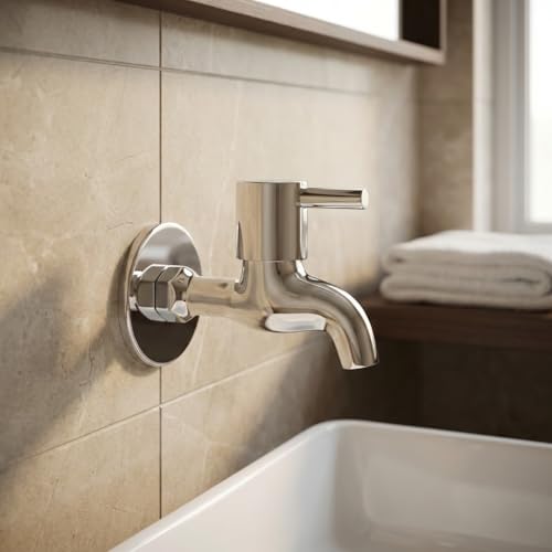 KAMAL Full Brass Bib Tap – FLT Eco Series | Single Handle Wall Mount Faucet | Chrome Finish | Durable Bathroom & Wash Basin Tap | (Pack of 1) - Image 1