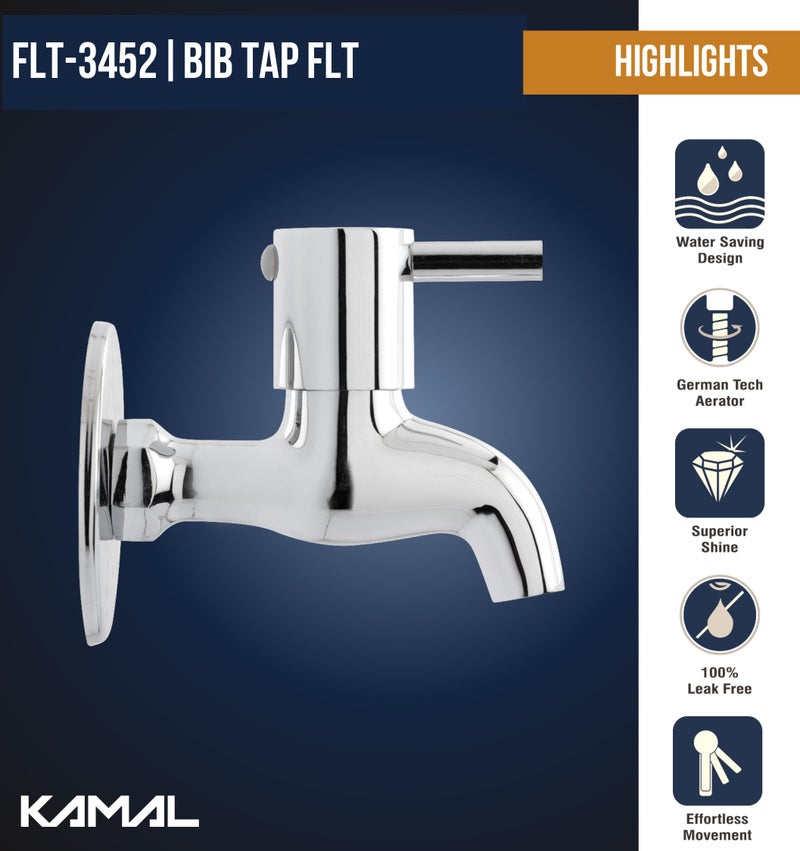 KAMAL Full Brass Bib Tap – FLT Eco Series | Single Handle Wall Mount Faucet | Chrome Finish | Durable Bathroom & Wash Basin Tap | (Pack of 1) - Image 2
