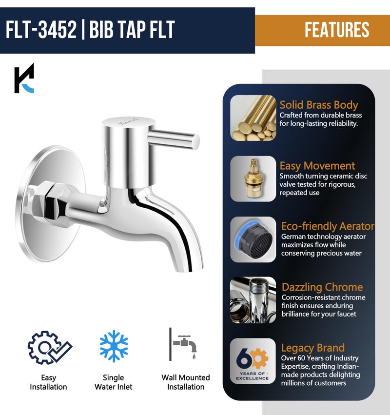 KAMAL Full Brass Bib Tap – FLT Eco Series | Single Handle Wall Mount Faucet | Chrome Finish | Durable Bathroom & Wash Basin Tap | (Pack of 1) - Image 3