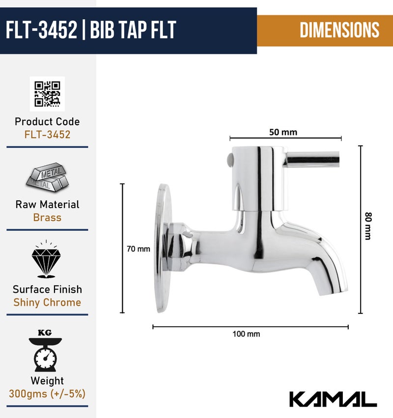 KAMAL Full Brass Bib Tap – FLT Eco Series | Single Handle Wall Mount Faucet | Chrome Finish | Durable Bathroom & Wash Basin Tap | (Pack of 1) - Image 4