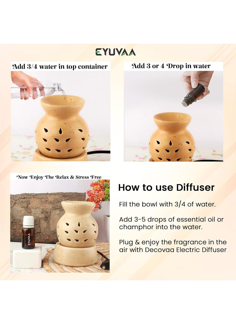 DECOVAA DECOVAA Kharbuja Matki Shape Electric Aromatherapy Diffuser Aroma Oil Diffuser Wax Burner Diffuser Set Aroma Oil Diffuser for Home Fragrance with 10 ml Essential Oil Ocean Fragrance Brown  - Image 4