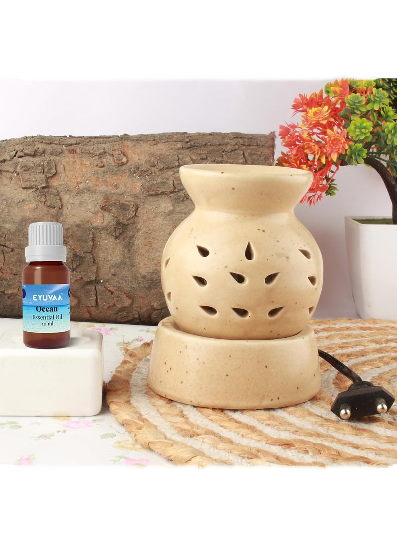 DECOVAA DECOVAA Kharbuja Matki Shape Electric Aromatherapy Diffuser Aroma Oil Diffuser Wax Burner Diffuser Set Aroma Oil Diffuser for Home Fragrance with 10 ml Essential Oil Ocean Fragrance Brown  - Image 1