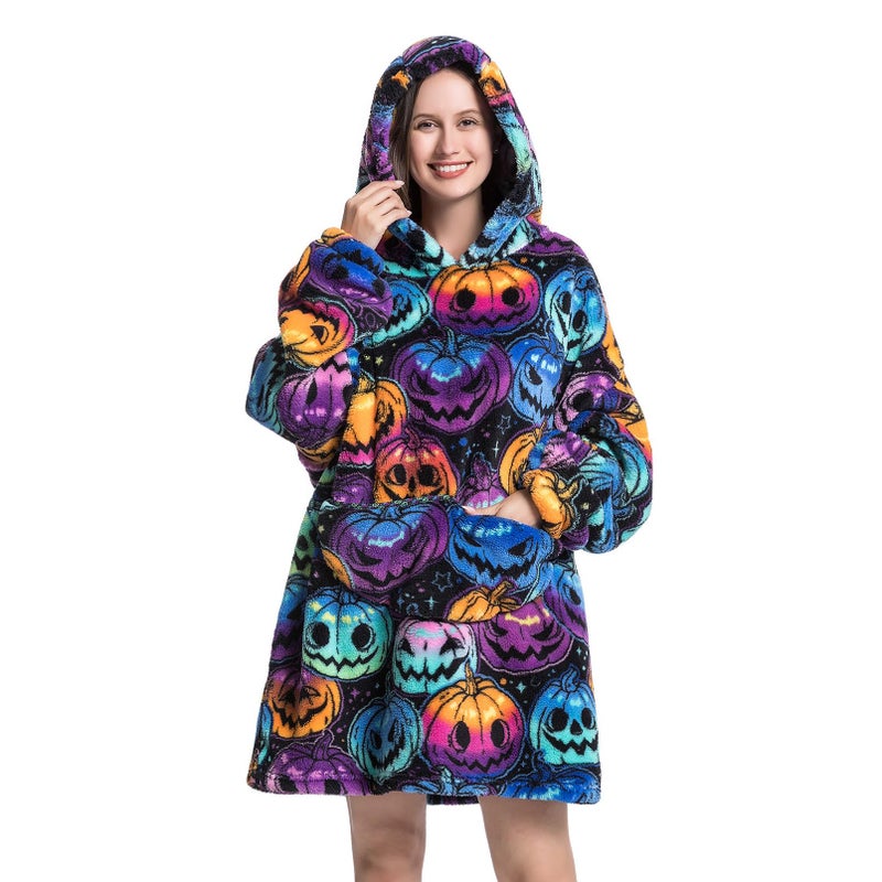 DESERT HOME Deserthome Wearable Blanket Hoodie Oversized Hooded Blanket for Adult Women Super Soft Comfortable Warm Flannel Halloween Pumpkin - Image 1