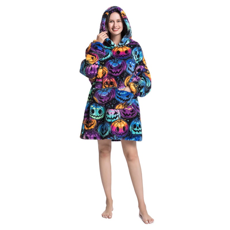 DESERT HOME Deserthome Wearable Blanket Hoodie Oversized Hooded Blanket for Adult Women Super Soft Comfortable Warm Flannel Halloween Pumpkin - Image 3