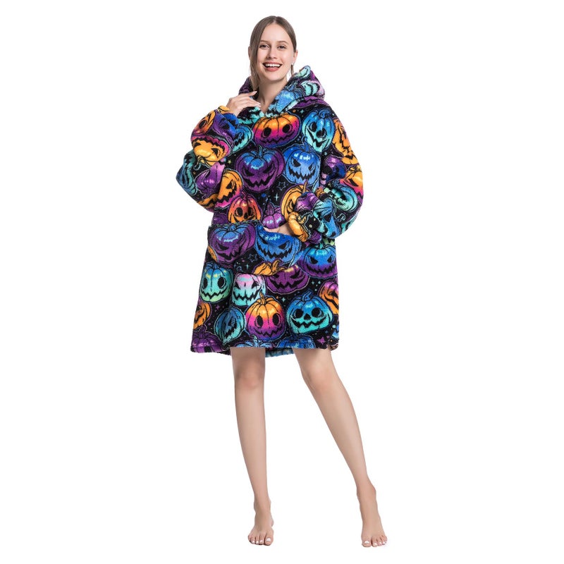 DESERT HOME Deserthome Wearable Blanket Hoodie Oversized Hooded Blanket for Adult Women Super Soft Comfortable Warm Flannel Halloween Pumpkin - Image 5