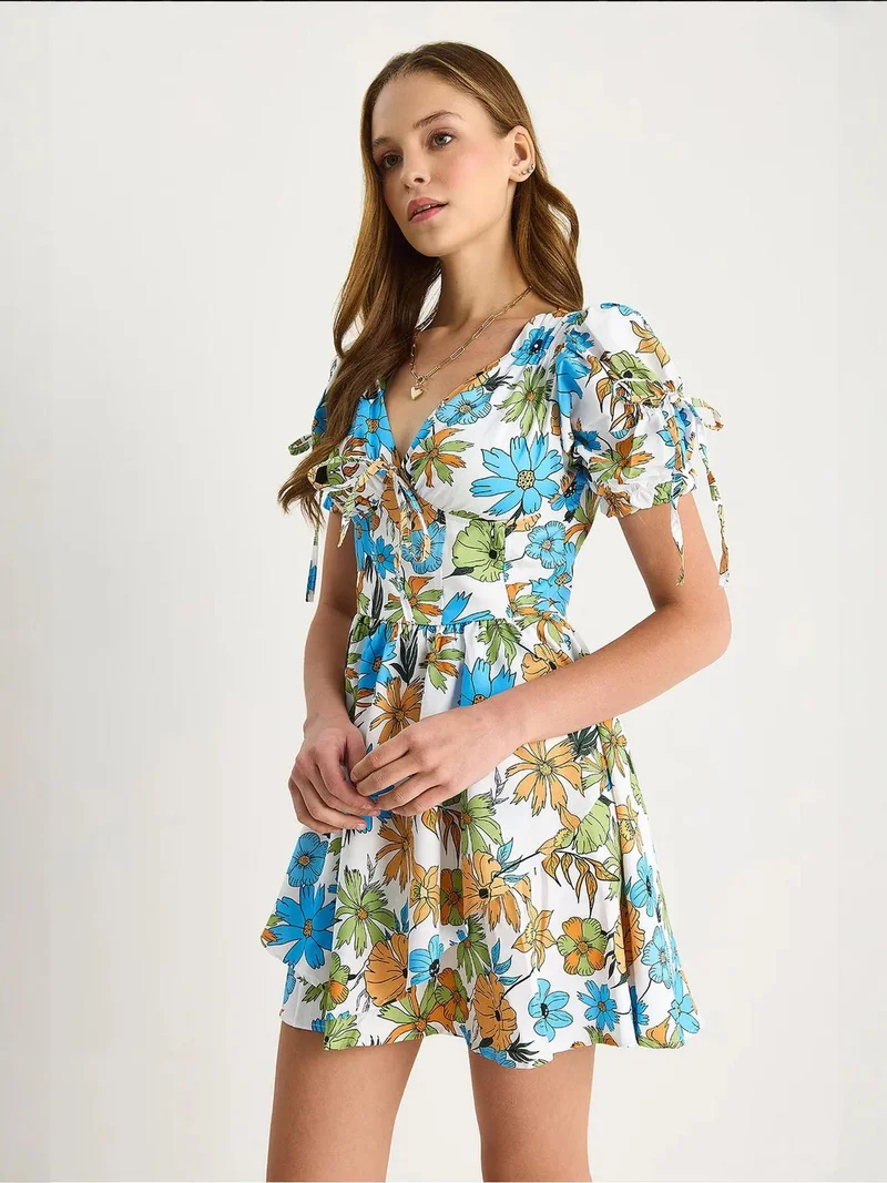 Bianco Lucci Maya Blue LUCCI Printed V-neck Cut Out Midi Dress for Women | Best Price UAE