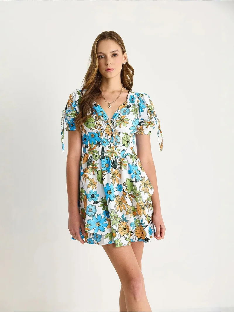 Bianco Lucci Maya Blue LUCCI Printed V-neck Cut Out Midi Dress for Women | Best Price UAE