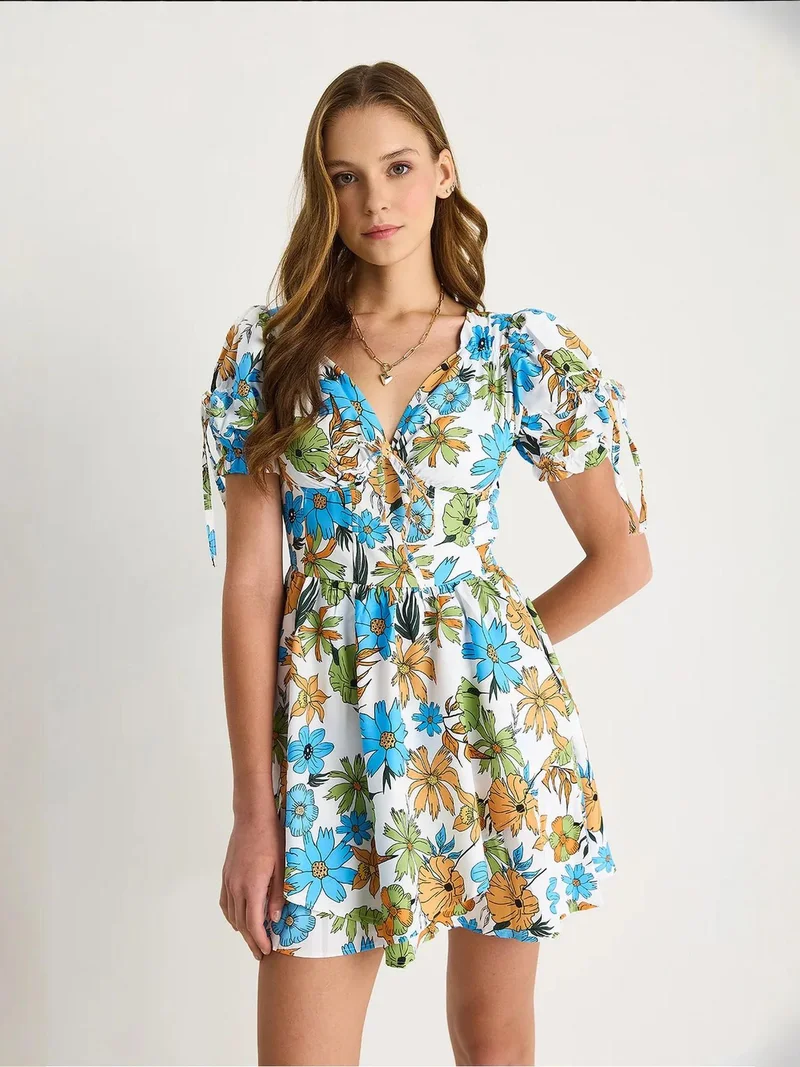 Bianco Lucci Maya Blue LUCCI Printed V-neck Cut Out Midi Dress for Women | Best Price UAE