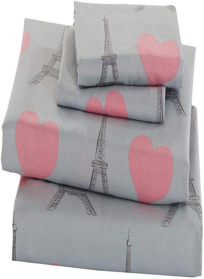 MK Home 4pc Queen Size Sheet Set for Girls Paris Bedding Eiffel Tower Pink Grey New - Image 1
