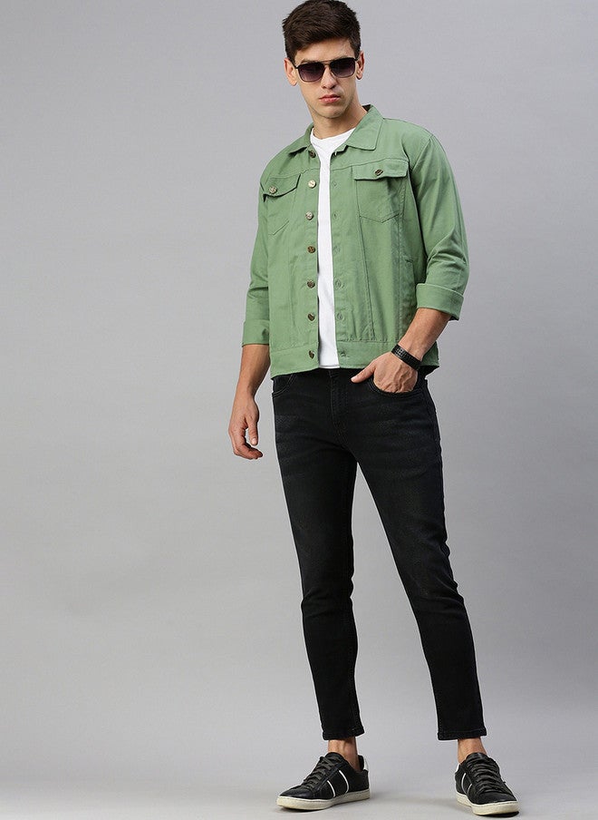 Kaali Peeli Olive Green Solid Denim Jacket for Men - Image 4