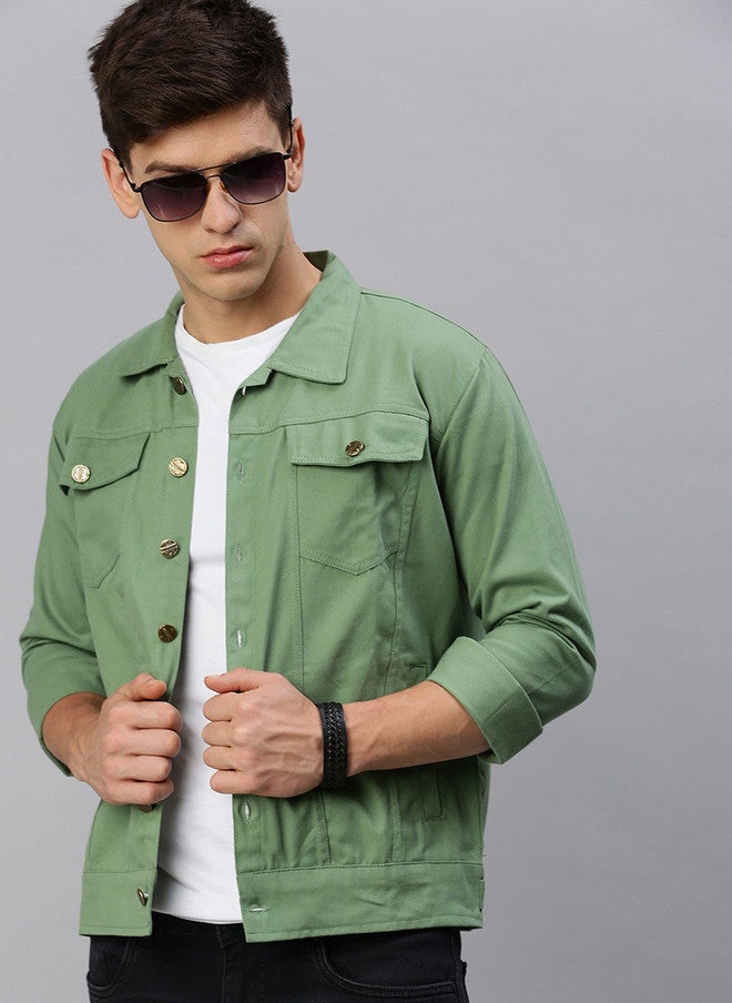 Kaali Peeli Olive Green Solid Denim Jacket for Men - Image 1