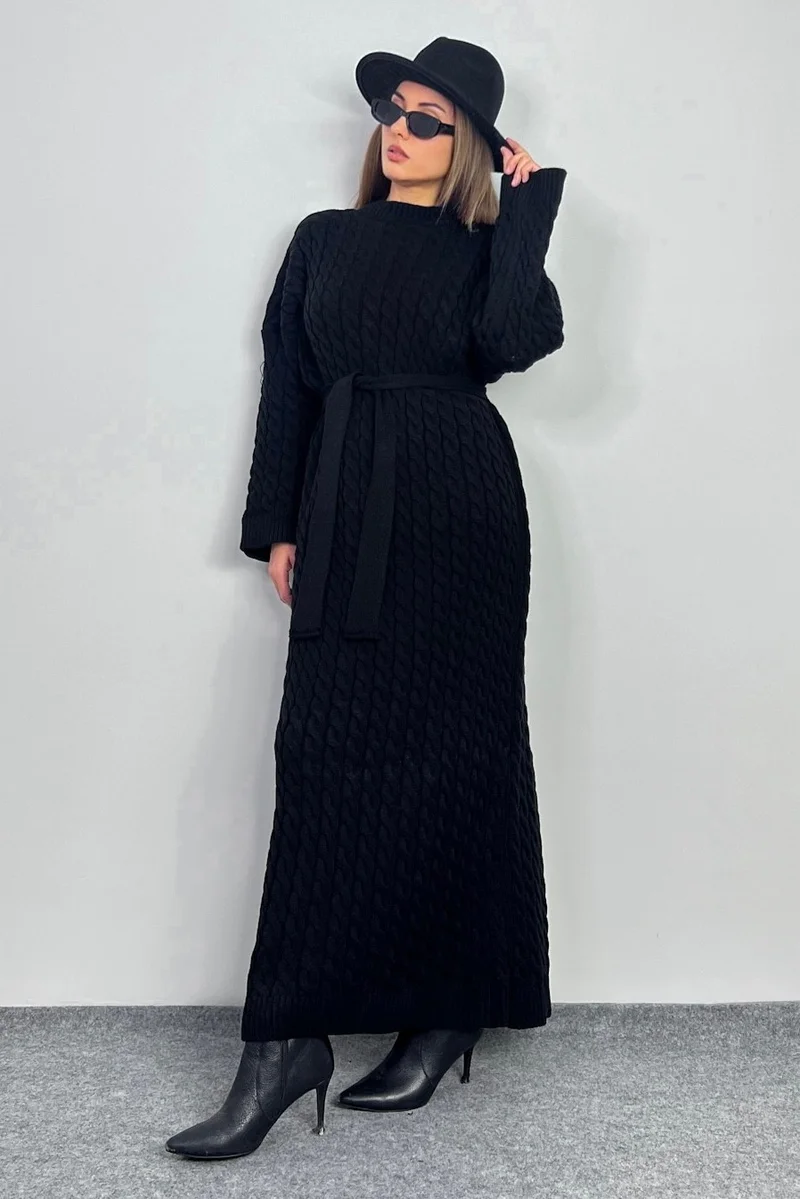 Ritnice Women's Ashley Black Hair Braided Knitwear Long Dress