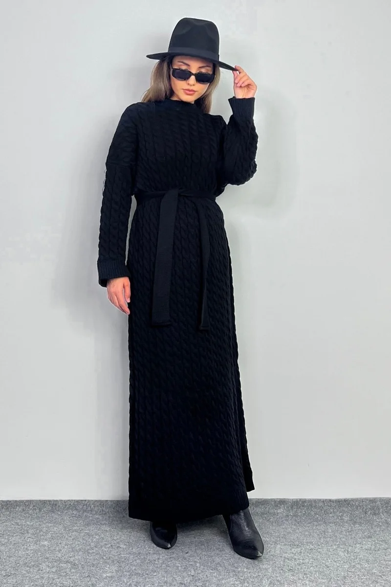 Ritnice Women's Ashley Black Hair Braided Knitwear Long Dress