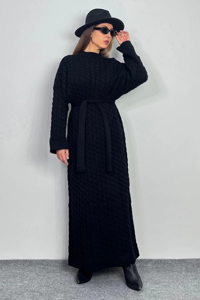 Ritnice Women's Ashley Black Hair Braided Knitwear Long Dress