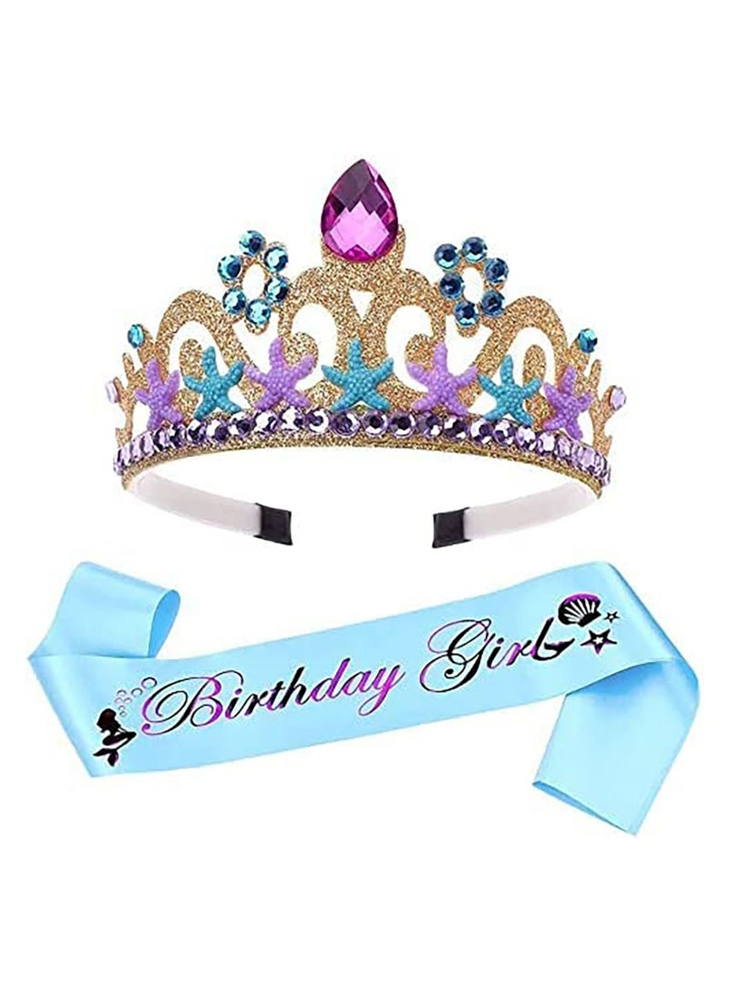 SYOSI Mermaid Sash Crown Set, Princess Dress Up Crown Gold and Blue Satin Purple Word Glitter Sash for Girls Women's Birthday Party Supplies Decorations - Image 1