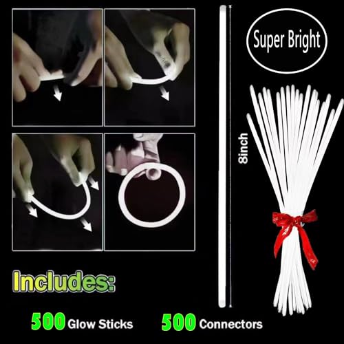 YOFOBU 500 PCS White Glow Stick Bracelets Necklaces 8 Glowsticks with Connectors Bulk Glow in The Dark Party Supplies Light Up Neon Party Favor for Christmas NewYear Valentines Day Wedding - Image 5
