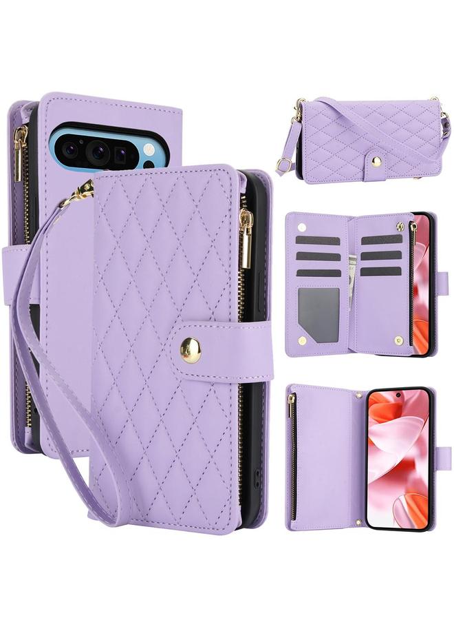 Zaboon Case For Google Pixel 9 / 9 Pro YM016 Rhombic Zipper Card Wallet Leather Phone Case with Lanyard - Image 1