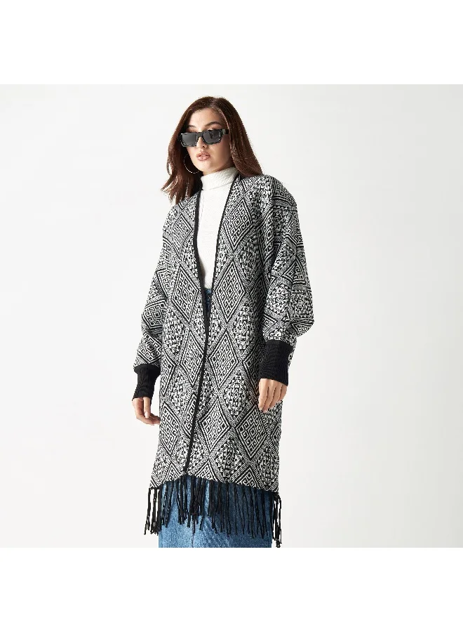 2Xtremz 2Xtremz Textured Longline Shrug with Long Sleeves and Fringes