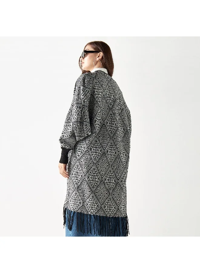 2Xtremz 2Xtremz Textured Longline Shrug with Long Sleeves and Fringes
