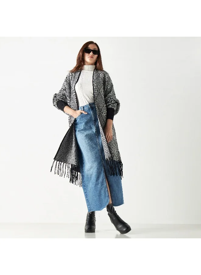 2Xtremz 2Xtremz Textured Longline Shrug with Long Sleeves and Fringes