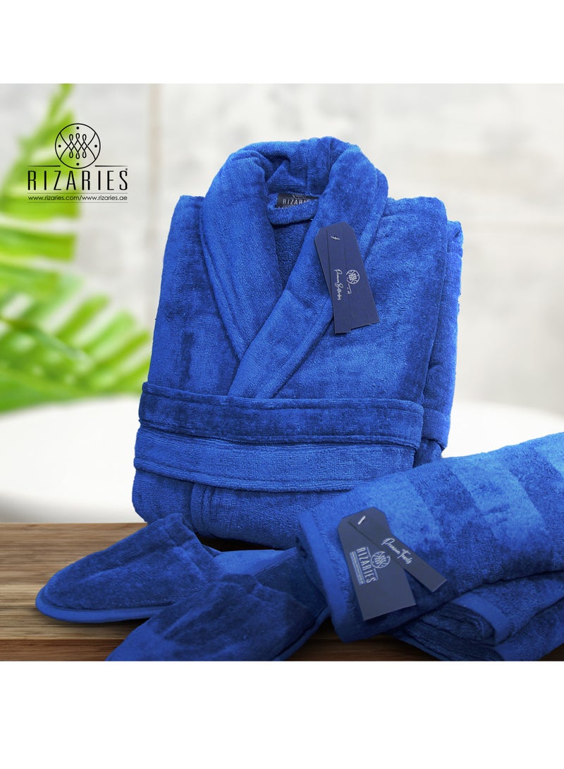 RIZARIES Luxury Bathrobe - 100% Soft Velour Cotton - Blue - 4 Pieces set - Unisex - Image 1