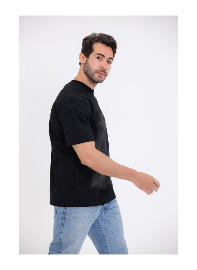 WHITE RABBIT Black T-Shirt with Distressed Print  - Image 4