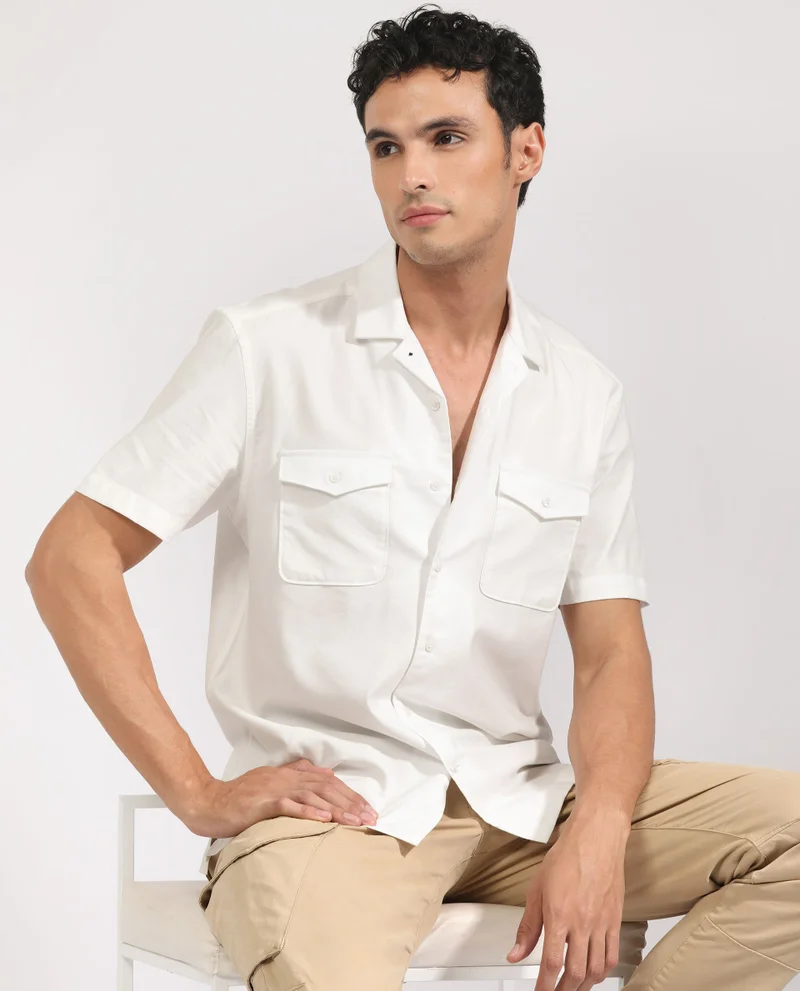 Rare Rabbit Men's Double Pocket Cuban Collar Shirt