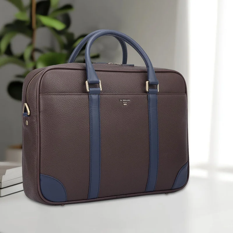 Da Milano Da Milano Wax-Finish Leather Laptop Bag with Zip Closure - Chocolate (CB-10066B)