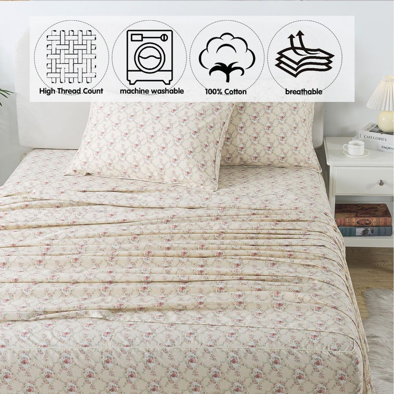 FADFAY FADFAY Twin XL Floral Sheets for College Percale Cotton Ink Grey Floral Sheets Hydrangea Patterned Bed Sheet Shabby Vintage Chic Bedding Dorm Room Soft Crisp & Cool Deep Pocket Fitted Sheet  4Pc  - Image 4