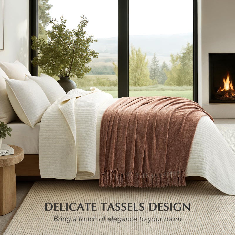 EverGrace Soft Chenille Throw Blanket for Couch, Cozy Plush Fuzzy Decorative Chenille Knit Throw Blanket with Tassels, Lightweight Blanket and Throws for Bed Sofa Gift Home Decor, Clay 50"x60" - Image 2