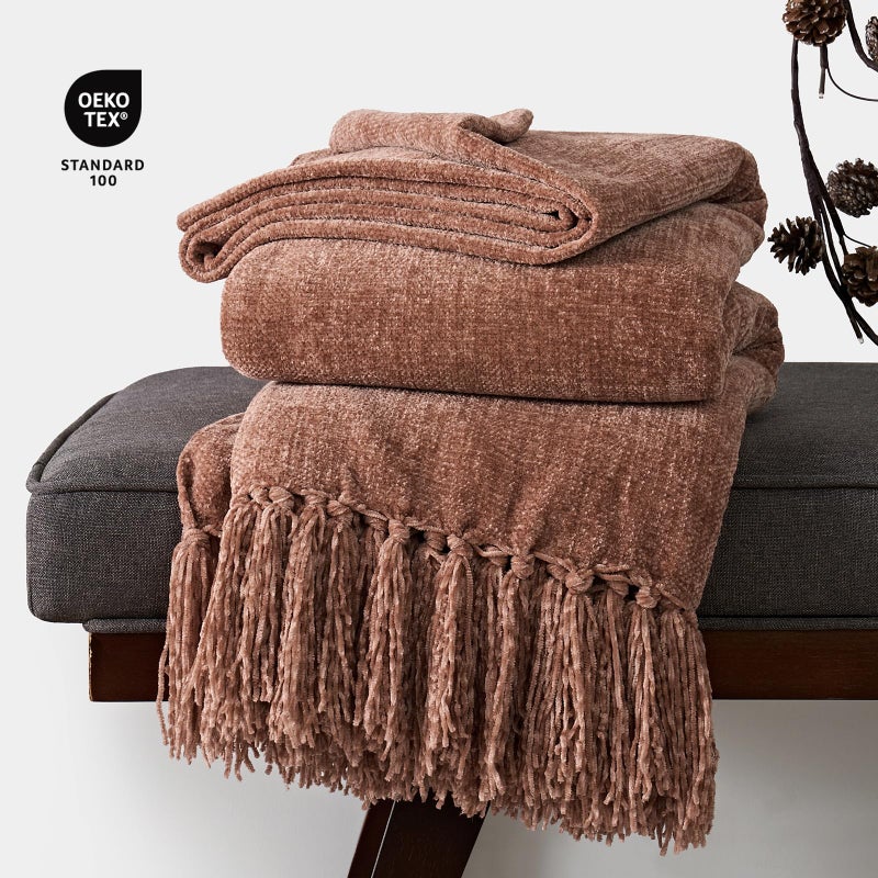EverGrace Soft Chenille Throw Blanket for Couch, Cozy Plush Fuzzy Decorative Chenille Knit Throw Blanket with Tassels, Lightweight Blanket and Throws for Bed Sofa Gift Home Decor, Clay 50"x60" - Image 4