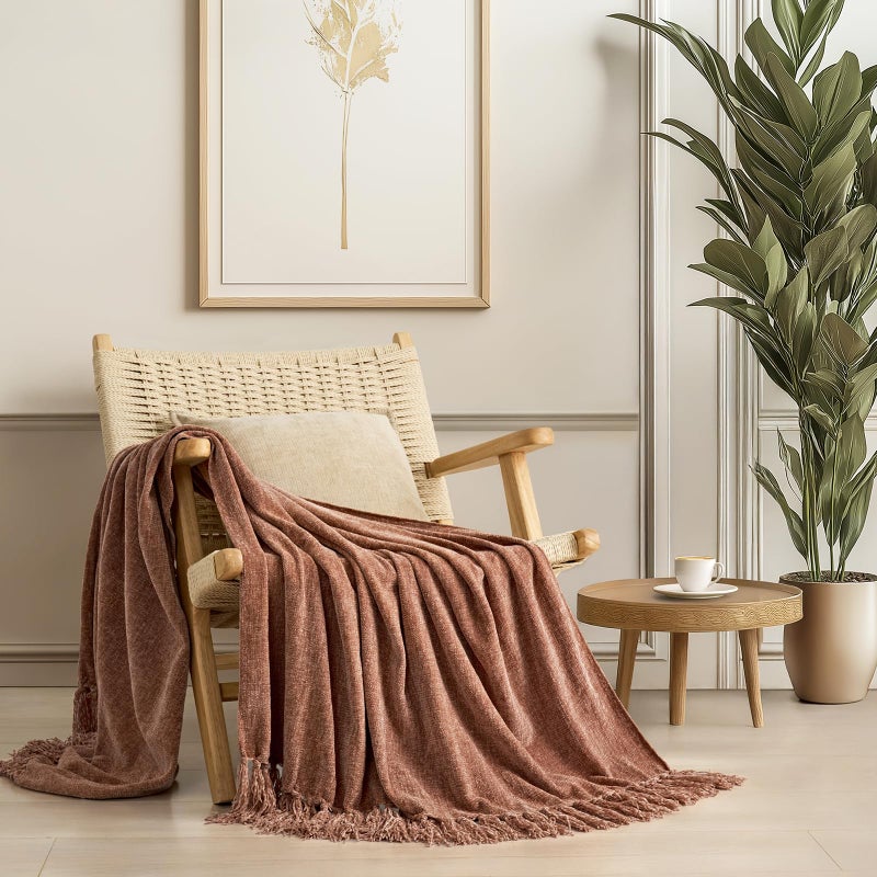 EverGrace Soft Chenille Throw Blanket for Couch, Cozy Plush Fuzzy Decorative Chenille Knit Throw Blanket with Tassels, Lightweight Blanket and Throws for Bed Sofa Gift Home Decor, Clay 50"x60" - Image 1