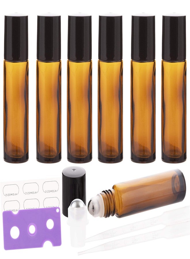 ZIZEMOJA 6Pcs 10ml Essential Oil Roller Bottles, with Stainless Steel Roller Balls, 10ml Amber Glass Roll on Bottles for Essential Oils, 1 Extra Roller Ball, 6 Labels, 1 Openers, 2 Droppers Included - Image 1