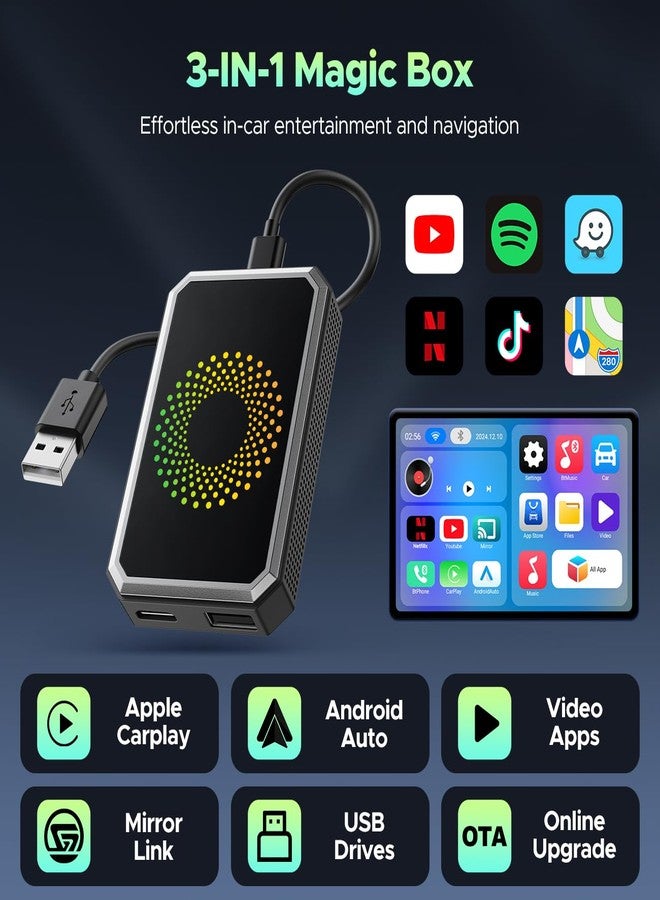 LAMTTO 3-in-1 Magic Video AI Box for Streaming Netflix/YouTube/TikTok, Wireless Carplay Adapter Dongle with USB Drive for OEM Wired Apple Car Play Cars - Image 2