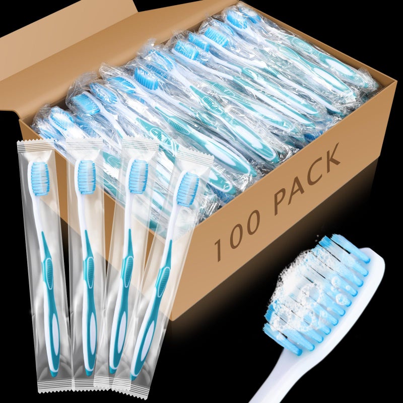 RimCereal 100 Pcs Prepasted Disposable Toothbrushes Individually Wrapped Pre Pasted Soft Bristle Tooth Brush Travel Toothbrush for Camping Guestroom Car Office School Hotel Homeless Gifts Blue - Image 2