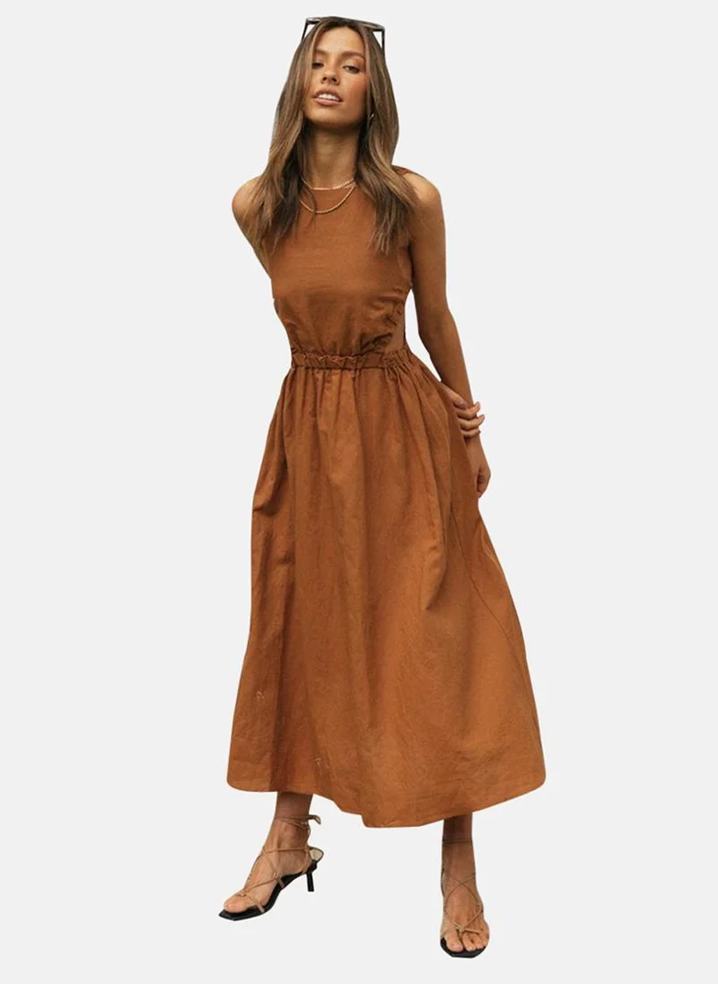 YUNIQEE Brown Boat Neck Solid Fit & Flared Dress