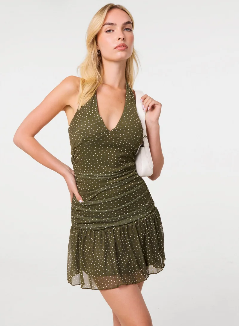Padded Cup Halter Mesh Polka Dot Spot Mini Dress