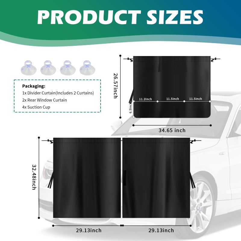 YGDMD 2PCS Rear Car Window Shades+1PC Car Privacy Curtains Kit,Upgraded Window Shade for Cars with 3 Mesh Storage Pockets,Summer Essentials Insulated Windows Cars Shades for Most Vehicle (Storage Pockets) - Image 2