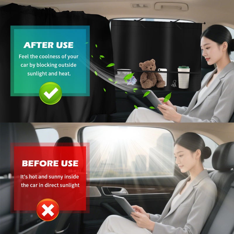 YGDMD 2PCS Rear Car Window Shades+1PC Car Privacy Curtains Kit,Upgraded Window Shade for Cars with 3 Mesh Storage Pockets,Summer Essentials Insulated Windows Cars Shades for Most Vehicle (Storage Pockets) - Image 3