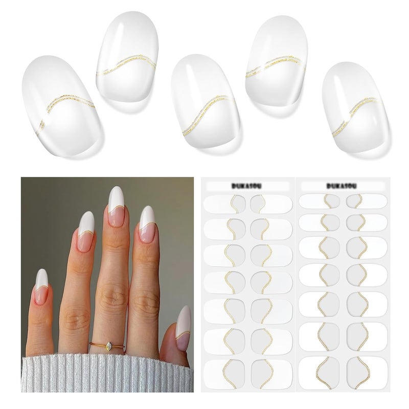DUKASOU Semi Cured Gel Nail Strips, 28 pcs Gel Nails Stickers for Women Work with Any UV Lamp, Long Lasting Nail Wraps for Home DIY Nails Art (Gilded French)