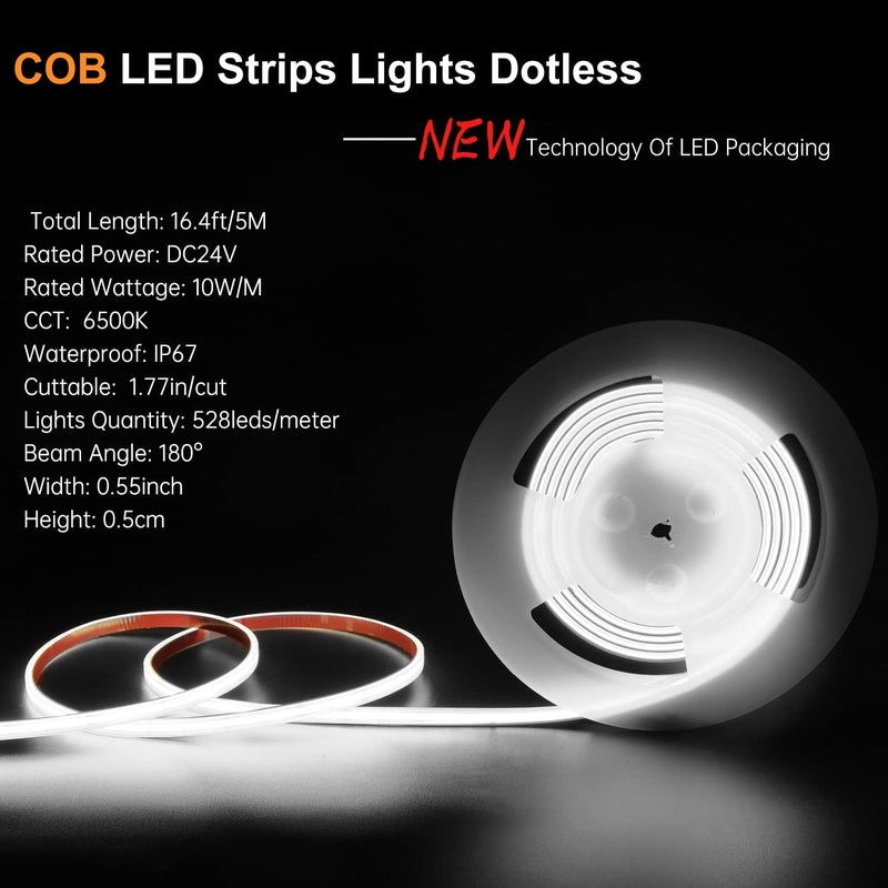 أضواء شريط COB LED 16.4 أقدام/5 متر، مقاوم للماء IP67 6500K، 528 LED/متر 24V معتمد من UL أضواء حبل LED، شريط لاصق 3M مرن لديكور الإضاءة الداخلية والخارجية (لا يشمل مصدر الطاقة) - Image 5