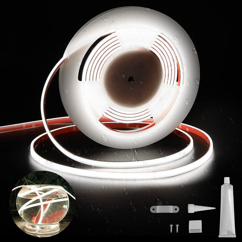 أضواء شريط COB LED 16.4 أقدام/5 متر، مقاوم للماء IP67 6500K، 528 LED/متر 24V معتمد من UL أضواء حبل LED، شريط لاصق 3M مرن لديكور الإضاءة الداخلية والخارجية (لا يشمل مصدر الطاقة) - Image 1