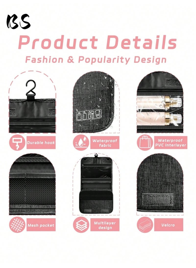 بي إس حقيبة أدوات الزينة للسفر مع خطاف تعليق، حقيبة مكياج متعددة الوظائف مقاومة للماء، حقيبة مستحضرات تجميل محمولة لتنظيم أدوات الزينة للنساء والرجال (أسود) - Image 3