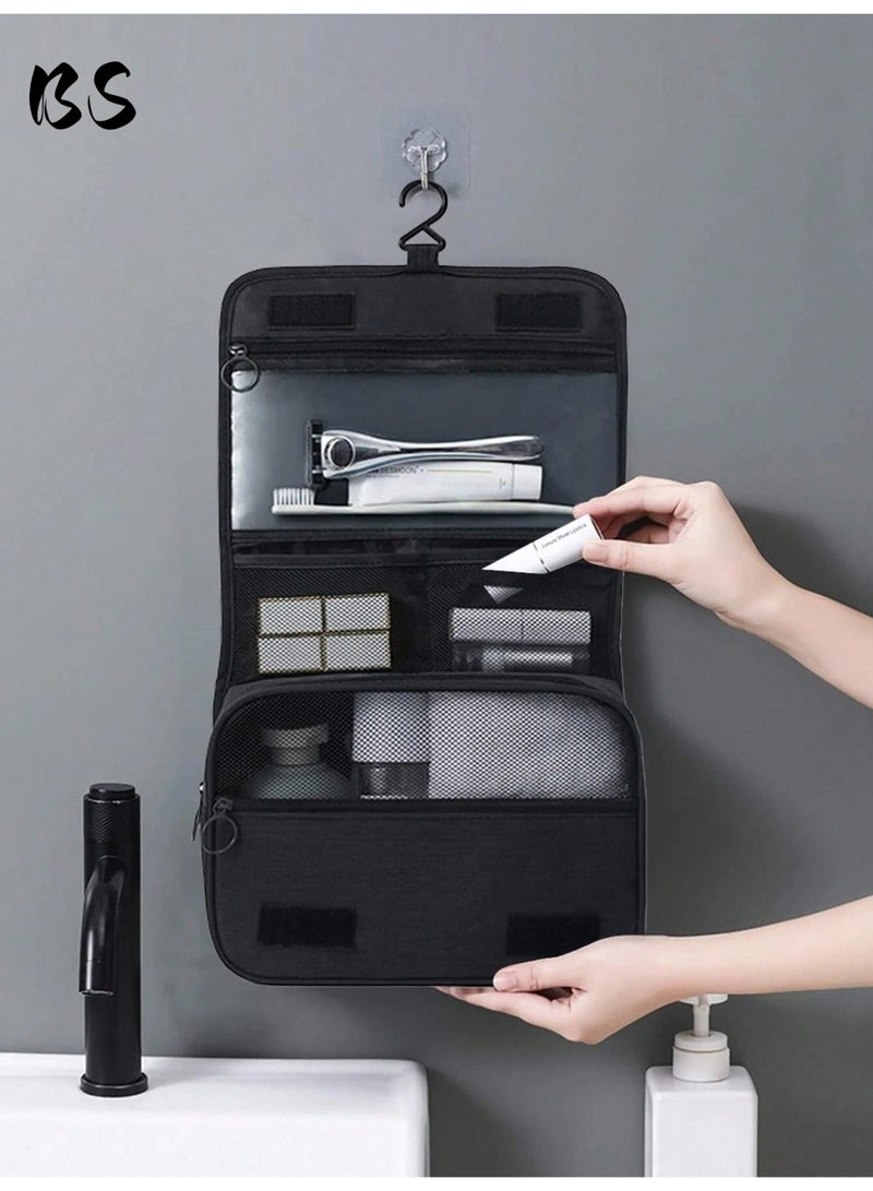 بي إس حقيبة أدوات الزينة للسفر مع خطاف تعليق، حقيبة مكياج متعددة الوظائف مقاومة للماء، حقيبة مستحضرات تجميل محمولة لتنظيم أدوات الزينة للنساء والرجال (أسود) - Image 4