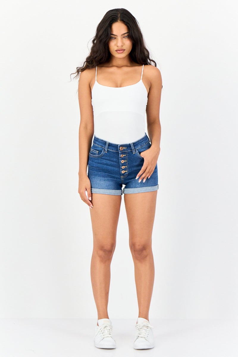 Women Washed Denim Shorts, Navy