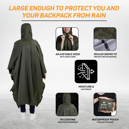 Rocksport Unisex Outdoor Rain Poncho for Adult,Multi Use, Waterproof, Lightweight, Reusable & Packable, One Size Fits Most (Army Green) - Image 3