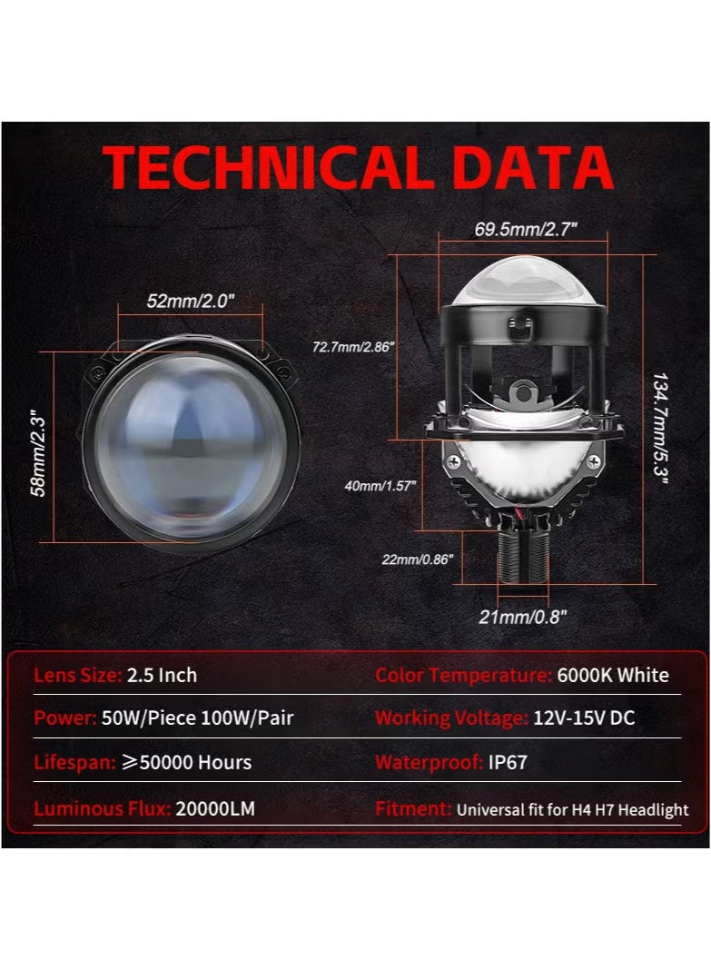 Premium Car LED Headlight - 2.5" Bi-Beam Lens, Lossless H4 H7 9005 9006 Hi-Lo Beam 50W High Power, Single Bulb, Super Bright & Focused, Turbo Cooling, IP67 Waterproof, Fits Both Left & Right-Hand Drive, Easy Install（2 piece） - Image 5