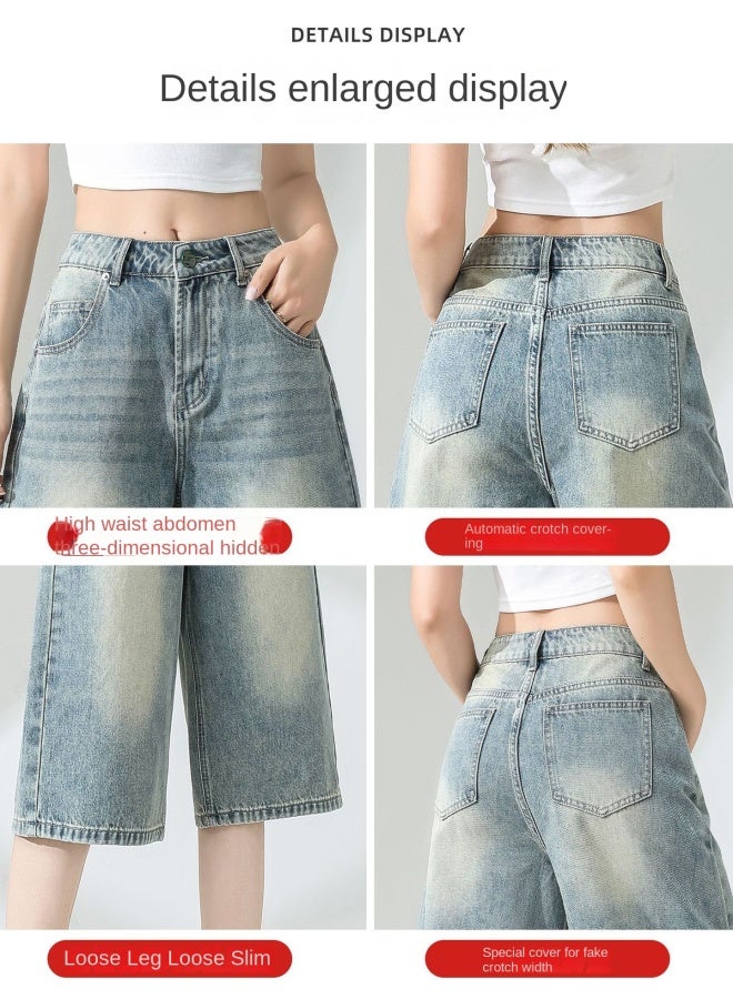 HAPPY Nostalgic Color Five-point Jeans Women's Summer New Wide-leg Loose Mid-pants Casual Versatile Straight Pants - Image 2