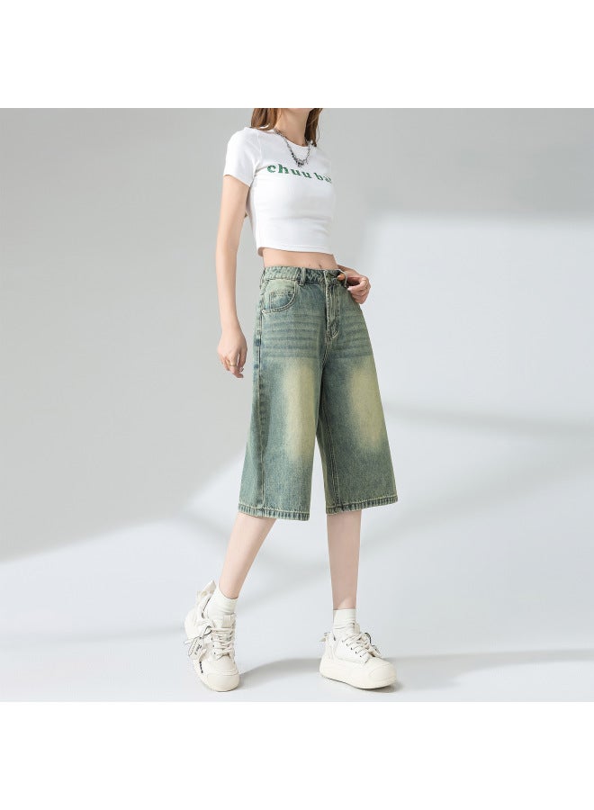 HAPPY Nostalgic Color Five-point Jeans Women's Summer New Wide-leg Loose Mid-pants Casual Versatile Straight Pants - Image 1