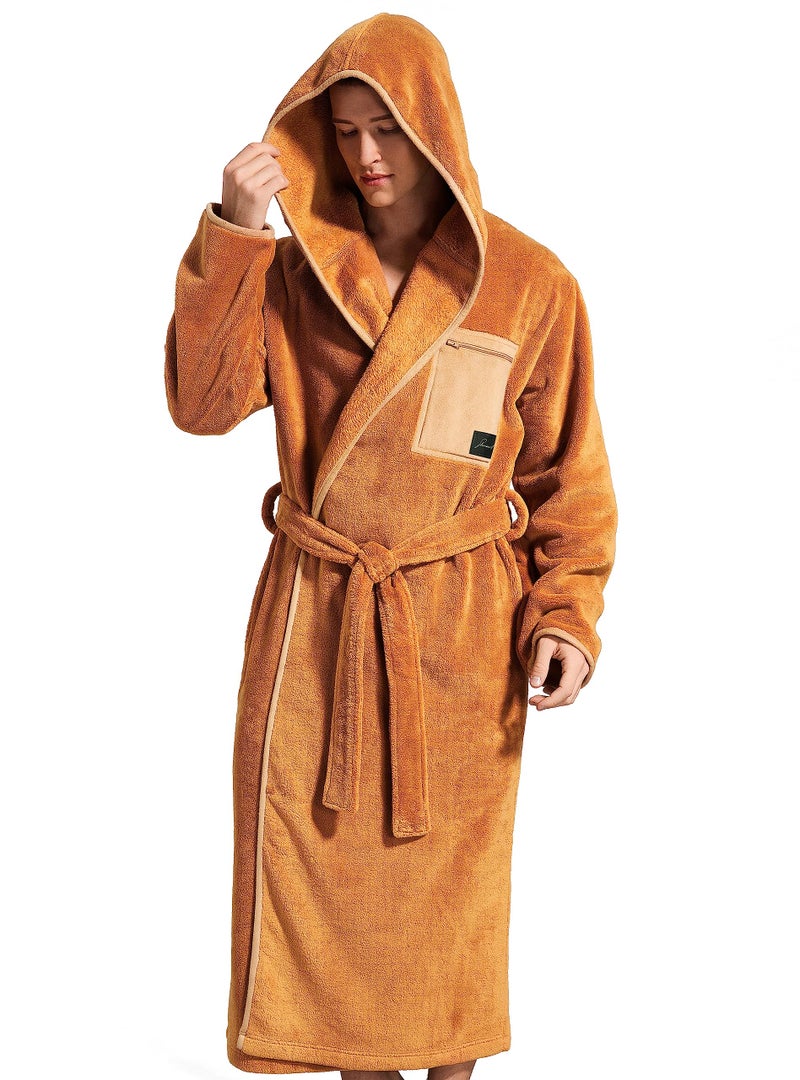 SlumberMee Mens Coral Fleece Plush Robe with Hood Ultra Soft and Warm Full Length Long with Suede Pockets Luxurious Housecoat Golden Brown M